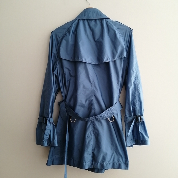 Burberry Double Breasted Blue Nylon Trench Coat Ruffle Trim Waist Belt US 12 - Picture 10 of 17